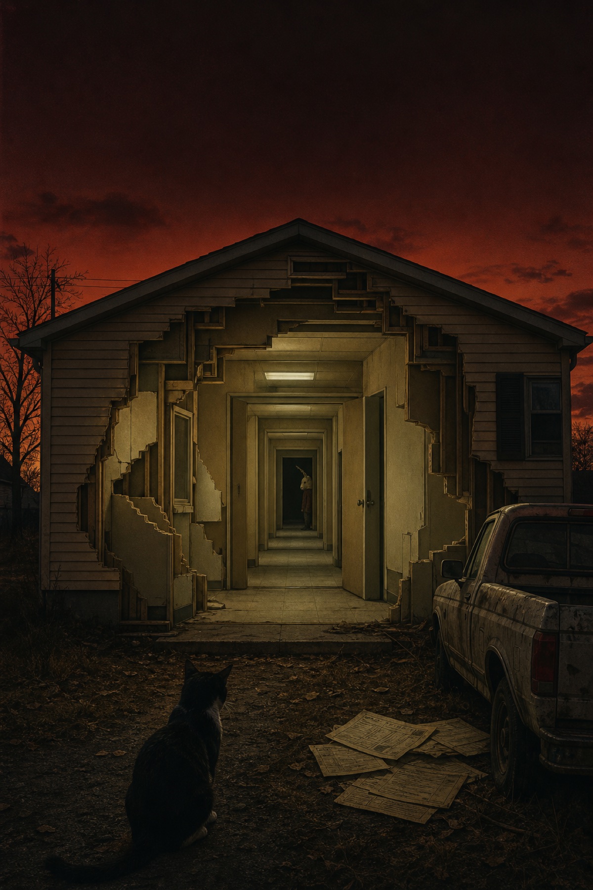 Working key art: a damaged house opens into a repeating institutional corridor beneath a red sky; a cat, old pickup, and scattered floor plans wait outside.