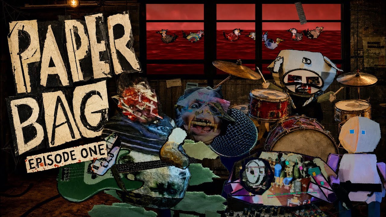 Paper Bag, Episode One title card: torn-paper letters beside the cut-out band in a practice room, a red sea through the window behind them.